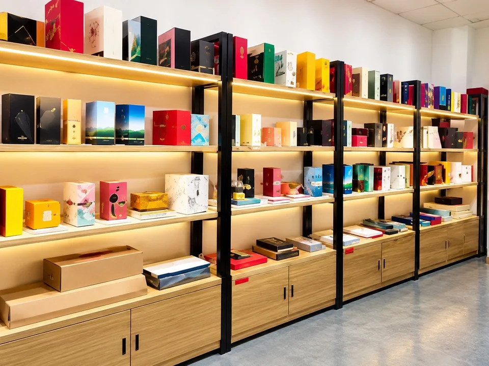 Supplied packaging showroom photograph with shelves of gift boxes and paper packaging