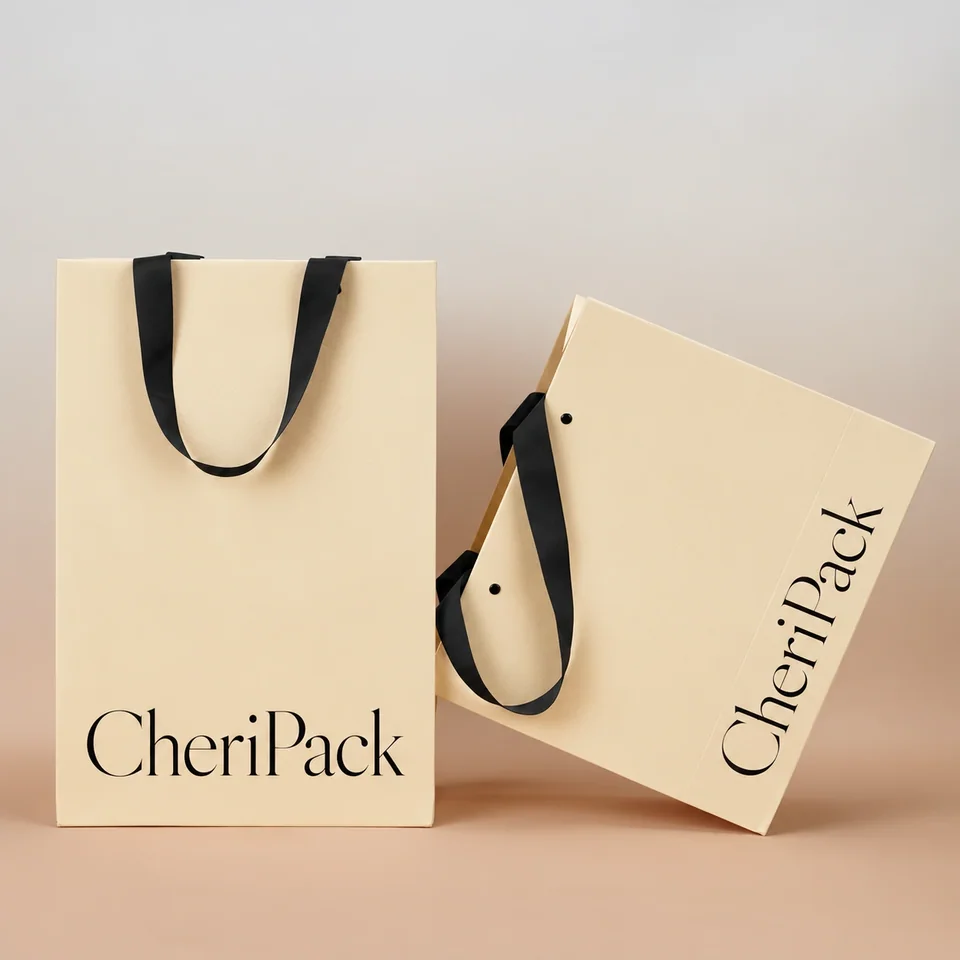 Cream Paper Bags with Black Ribbon — supplied packaging reference