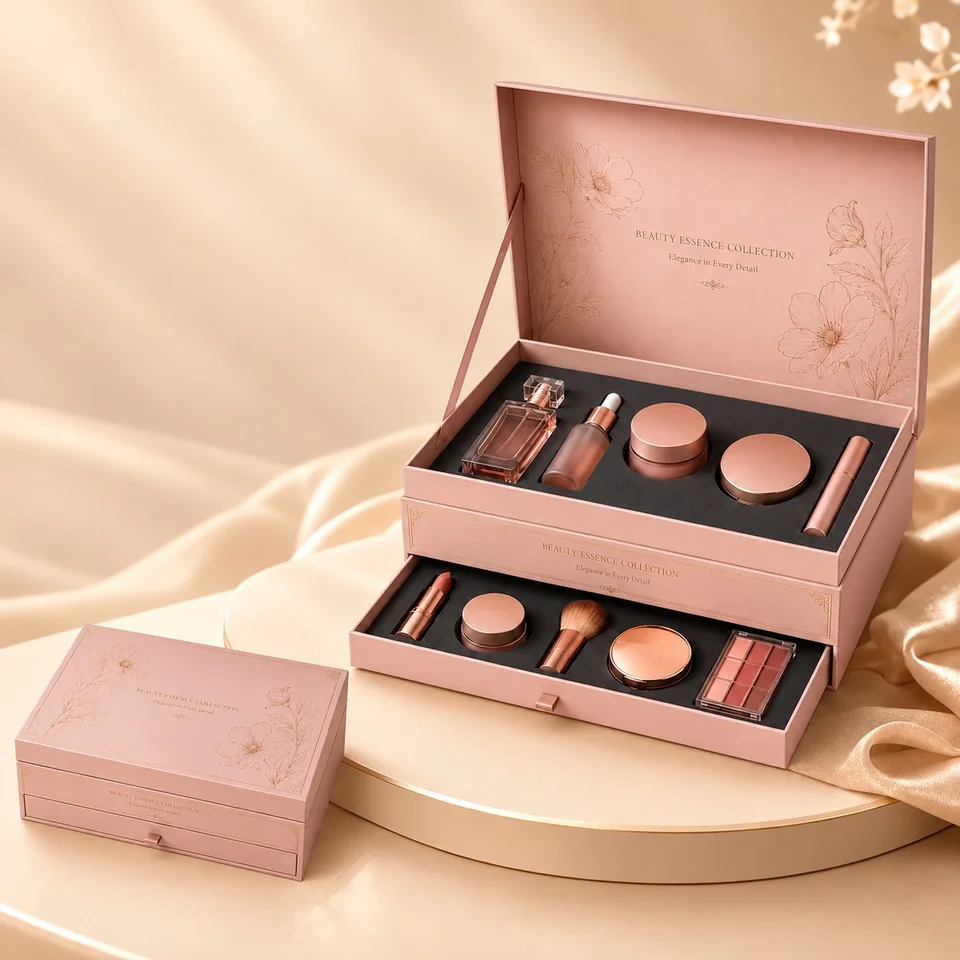 Pink double-layer cosmetic gift box with a hinged lid, fitted upper compartments and a pull-out lower drawer
